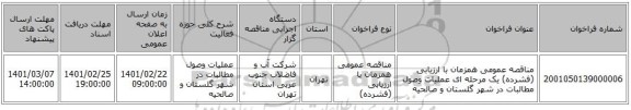 مناقصه، مناقصه عمومی همزمان با ارزیابی (فشرده) یک مرحله ای عملیات وصول مطالبات در شهر گلستان و صالحیه 