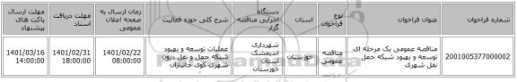مناقصه، مناقصه عمومی یک مرحله ای توسعه و بهبود شبکه حمل  نقل شهری
