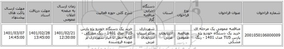 مناقصه، مناقصه عمومی یک مرحله ای خرید یک دستگاه خودرو پژو پارس TU5 مدل 1401 - رنگ مشکی