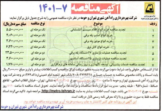 مناقصه تجدید مناقصه خرید انواع اقلام سیستم آتش نشانی 