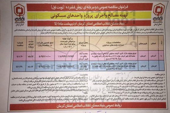 مناقصه، مناقصه اجرای عملیات نازک کاری 20 واحد مسکونی 