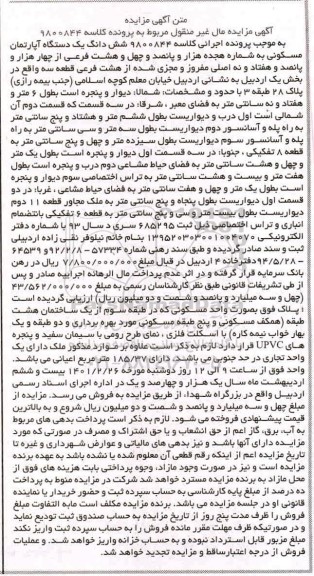 مزایده، مزایده فروش شش دانگ یک دستگاه آپارتمان مسکونی