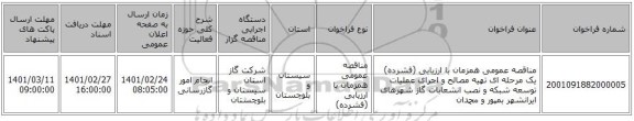 مناقصه عمومی همزمان با ارزیابی (فشرده) یک مرحله ای تهیه مصالح و اجرای عملیات توسعه شبکه و نصب انشعابات گاز شهرهای ایرانشهر بمپور و محمدان