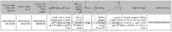 مناقصه عمومی همزمان با ارزیابی (فشرده) یک مرحله ای انجام خدمات قرائت کنتور در محدوده تحت پوشش شرکت آب و فاضلاب منطقه 6 شهر تهران