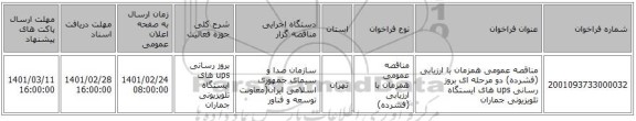 مناقصه عمومی همزمان با ارزیابی (فشرده) دو مرحله ای بروز رسانی ups های ایستگاه تلویزیونی جماران