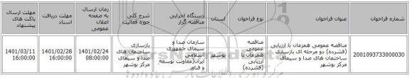 مناقصه عمومی همزمان با ارزیابی (فشرده) دو مرحله ای بازسازی ساختمان های صدا و سیمای مرکز بوشهر
