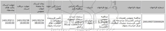 مناقصه عمومی همزمان با ارزیابی (فشرده) دو مرحله ای تأمین فرستنده دیجیتال کم‌قدرت مرکز خراسان رضوی