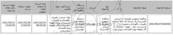 مناقصه عمومی همزمان با ارزیابی (فشرده) یک مرحله ای ارائه خدمات راهبری ،نگهداری و تعمیرات تاسیسات برق ، تهویه ، مخابرات و گاز منطقه ویژه اقتصادی پتروشیمی