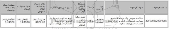 مناقصه عمومی یک مرحله ای تهیه مصالح و تجهیزات و لوازم و اجرای سالن جلسات شهرداری شازند