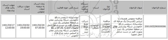 مناقصه عمومی همزمان با ارزیابی (فشرده) یک مرحله ای برونسپاری سرویس و رفع خاموشی شبکه روشنایی معابر در منطقه عملیاتی یک تبریز بصورت کلید در دست شامل حمل تجهیزا