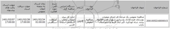 مناقصه عمومی یک مرحله ای اجرای عملیات بهسازی طرح هادی روستایی شهرک فجر، قلاتویه، بیاده، شاه ابوذکریا، اکبر آباد، کریم لو شهرستان داراب