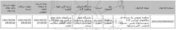 مناقصه عمومی یک مرحله ای پایگاههای اورژانس 115 شهرستانهای طبس ، بشرویه ، فردوس ، قاین و زیرکوه