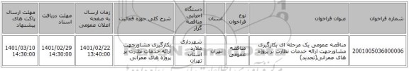 مناقصه عمومی یک مرحله ای  بکارگیری مشاورجهت ارائه خدمات نظارت بر پروژه های عمرانی(تجدید)