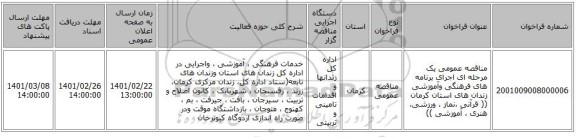 مناقصه عمومی یک مرحله ای اجرای برنامه های فرهنگی وآموزشی زندان های استان کرمان (( قرآنی ،نماز ، ورزشی، هنری ، آموزشی ))