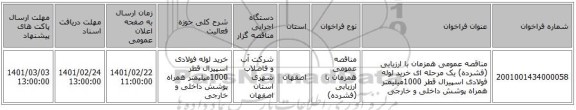 مناقصه عمومی همزمان با ارزیابی (فشرده) یک مرحله ای خرید لوله فولادی اسپیرال قطر 1000میلیمتر همراه پوشش داخلی و خارجی 