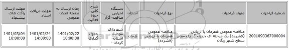 مناقصه عمومی همزمان با ارزیابی (فشرده) یک مرحله ای جدول گذاری معابر سطح شهر ریگان