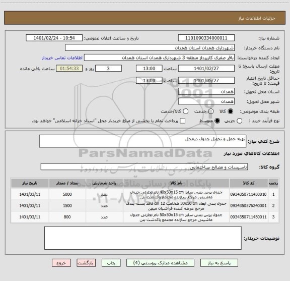 استعلام تهیه حمل و تحویل جدول درمحل