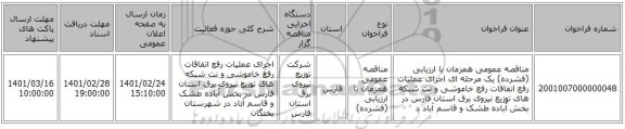 مناقصه عمومی همزمان با ارزیابی (فشرده) یک مرحله ای اجرای عملیات رفع اتفاقات رفع خاموشی و نت شبکه های توزیع نیروی برق استان فارس در بخش آباده طشک و قاسم آباد د