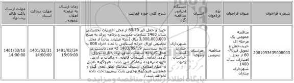 مناقصه عمومی یک مرحله ای    خرید،حمل و تحویل قیر70-60 از محل اعتبارات سال 1400 شهرداری چناران