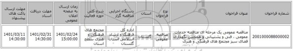 مناقصه عمومی یک مرحله ای مناقصه خدمات عمومی ، فنی و پشتیبانی و همچنین  نگهداری فضای سبز مجتمع های فرهنگی و هنری
