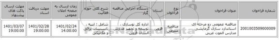 مناقصه عمومی دو مرحله ای استاندارد سازی گرمایشی مدارس الموت غربی