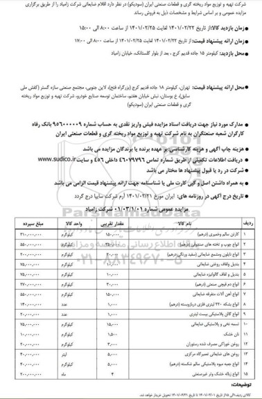 مزایده، مزایده فروش اقلام ضایعاتی شرکت زامیاد