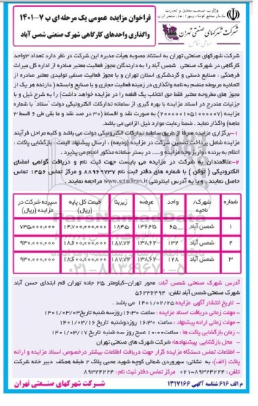 مزایده واگذاری واحدهای کارگاهی شهرک صنعتی