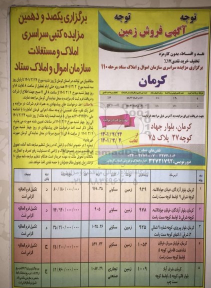 مزایده کتبی سراسری املاک و مستغلات