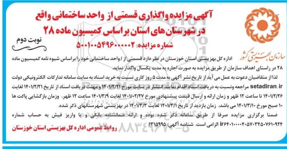 مزایده واگذاری قسمتی از واحد ساختمانی