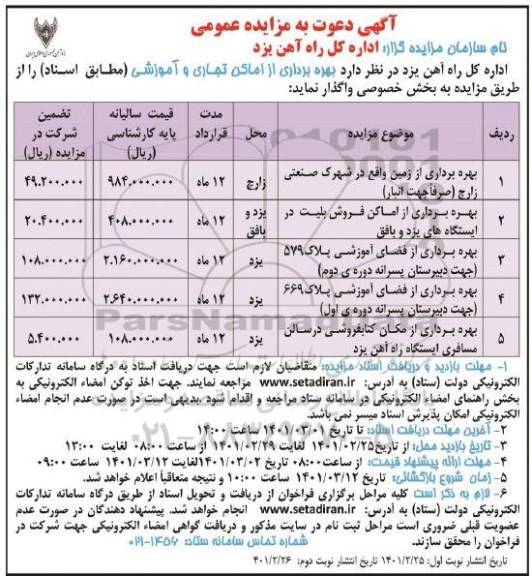 مزایده، مزایده بهره برداری از اماکن تجاری و آموزشی