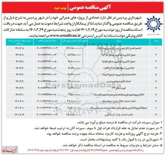 آگهی مناقصه تکمیل تالار شهر، جدولگذاری و لکه گیری و... - نوبت دوم