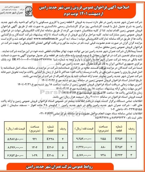 مزایده فروش 6 قطعه زمین با کاربری مسکونی اصلاحیه نوبت دوم 
