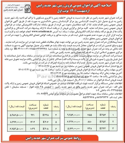 مزایده فروش 6 قطعه زمین با کاربری مسکونی اصلاحیه