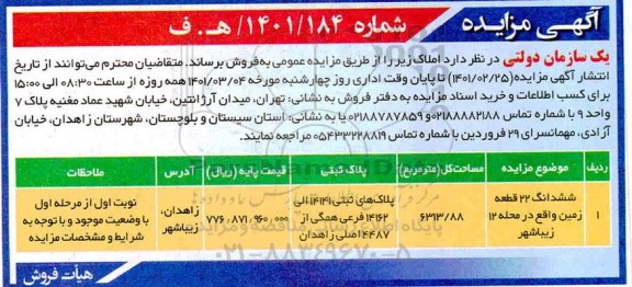 مزایده فروش ششدانگ 22 قطعه زمین