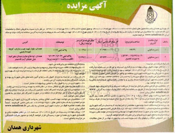 مزایده فروش املاک مسکونی 176.49 مترمربع