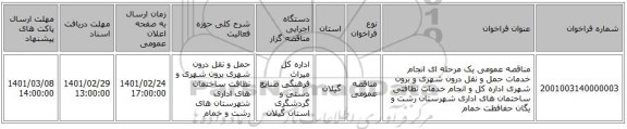 مناقصه عمومی یک مرحله ای انجام خدمات حمل و نقل درون شهری و برون شهری اداره کل و انجام خدمات نظافتی ساختمان های اداری شهرستان رشت و یگان حفافظت خمام