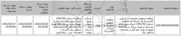 مناقصه عمومی همزمان با ارزیابی (فشرده) یک مرحله ای مناقصه شماره 1401/52 اجرای پروژه های بازسازی و بهینه سازی شبکه های توزیع به روش خط گرم در محدوده مناطق برق 