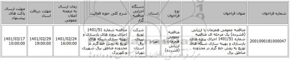 مناقصه عمومی همزمان با ارزیابی (فشرده) یک مرحله ای مناقصه شماره 1401/51 اجرای پروژه های بازسازی و بهینه سازی شبکه های توزیع به روش خط گرم در محدوده مناطق برق 
