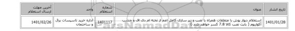 استعلام دیوار پوش با متعلقات همراه با نصب و زیر سازی کامل اعم از تخته ام دی اف و چشب آکواریوم ( بابت نصب کالا 7.8  کسر خواهد شد )