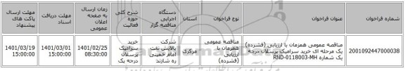 مناقصه عمومی همزمان با ارزیابی (فشرده) یک مرحله ای خرید  سرامیک پرسلان درجه یک شماره RND-0118003-MH