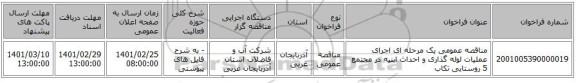 مناقصه عمومی یک مرحله ای اجرای عملیات لوله گذاری و احداث ابنیه در مجتمع 5 روستایی تکاب