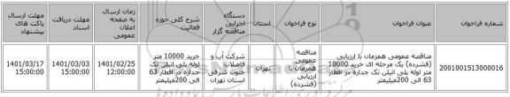 مناقصه عمومی همزمان با ارزیابی (فشرده) یک مرحله ای خرید 10000 متر لوله پلی اتیلن تک جداره در اقطار 63 الی 200میلیمتر