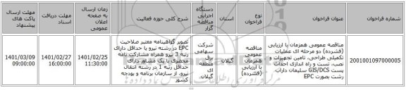 مناقصه عمومی همزمان با ارزیابی (فشرده) دو مرحله ای عملیات تکمیلی طراحی، تامین تجهیزات و نصب، تست و راه اندازی احداث پست GIS/DCS سلیمان داراب رشت  بصورت EPC