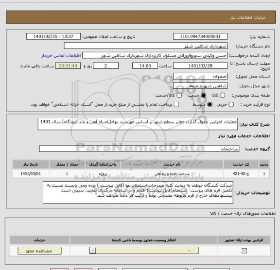 استعلام عملیات اجرایی جدول گذاری معابر سطح شهر بر اساس فهرست بهاء(راه،راه آهن و باند فرودگاه) سال 1401