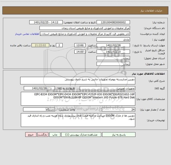 استعلام دوربین مداربسته بهمراه تجهیزات جانبی به شرح جدول پیوستی