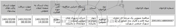 مناقصه عمومی یک مرحله ای حفاری میله قائم و گالری چاه کمکی آب در شهرک صنعتی شهرکرد