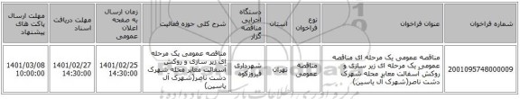 مناقصه عمومی یک مرحله ای مناقصه عمومی یک مرحله ای زیر سازی و روکش آسفالت معابر محله شهرک دشت ناصر(شهرک آل یاسین)