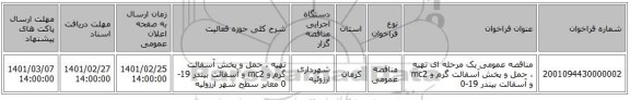 مناقصه عمومی یک مرحله ای تهیه ، حمل و پخش آسفالت گرم و mc2 و آسفالت بیندر 19-0