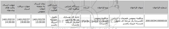 مناقصه عمومی همزمان با ارزیابی (فشرده) یک مرحله ای تکمیل مدرسه حریری رامسر