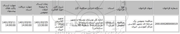 مناقصه عمومی یک مرحله ای تجهیز کلاسی مراکز آموزشی خیری